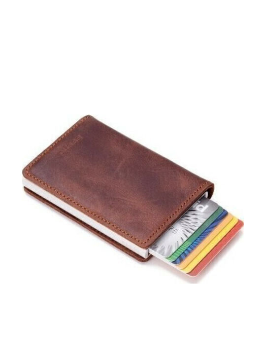 Slimwallet Vintage Leather Men's Wallet Cards with RFID and Slide Mechanism Coffee Open