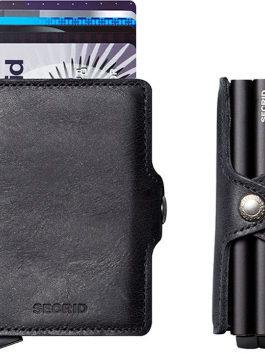 Twinwallet Vintage Leather Men's Wallet Cards with RFID and Slide Mechanism Total Black