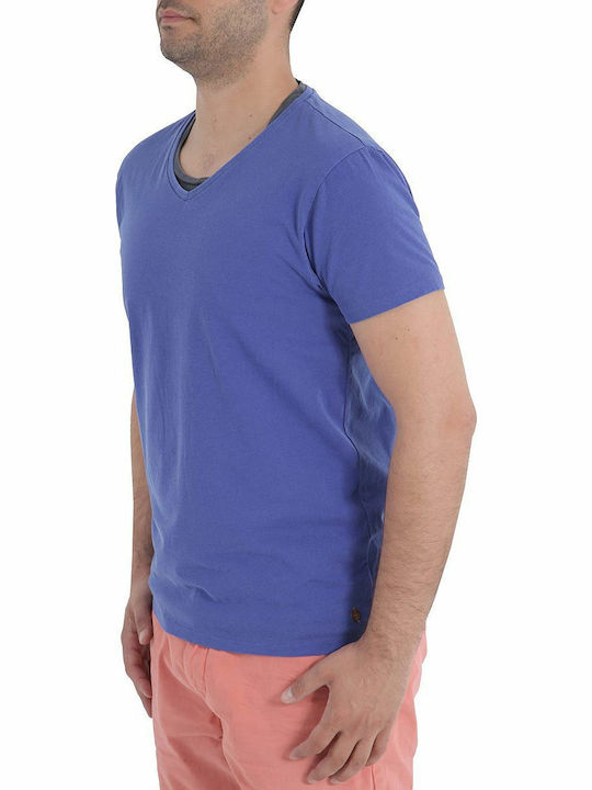 Scotch & Soda Two In One T-shirt Bărbătesc cu Mânecă Scurtă cu Decolteu în V Albastru