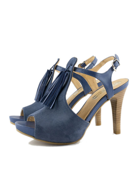 Patricia Miller Suede Women's Sandals Navy Blue with Thin High Heel