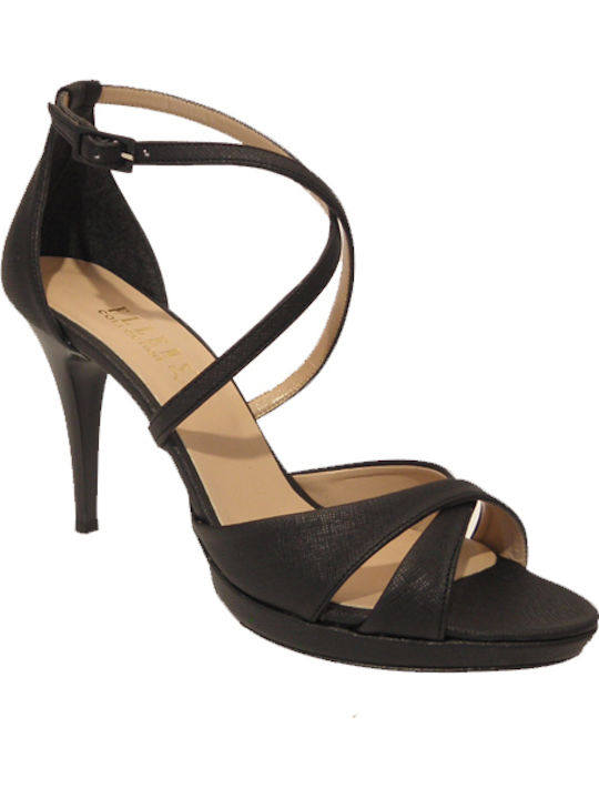 Ellen Platform Women's Sandals Black with Thin High Heel