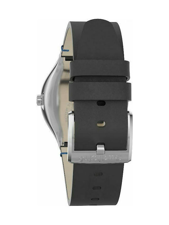 Swatch Cotes Silver Battery Watch with Leather Strap Black