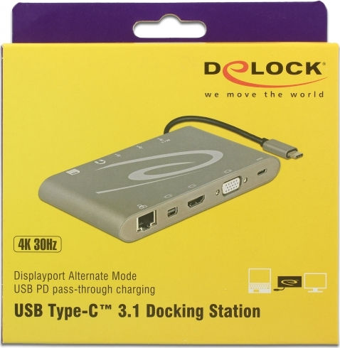 DeLock USB-C Docking Station με HDMI/DisplayPort 4K PD Ethernet και συνδεση 2 Οθονών Ασημί (87297)