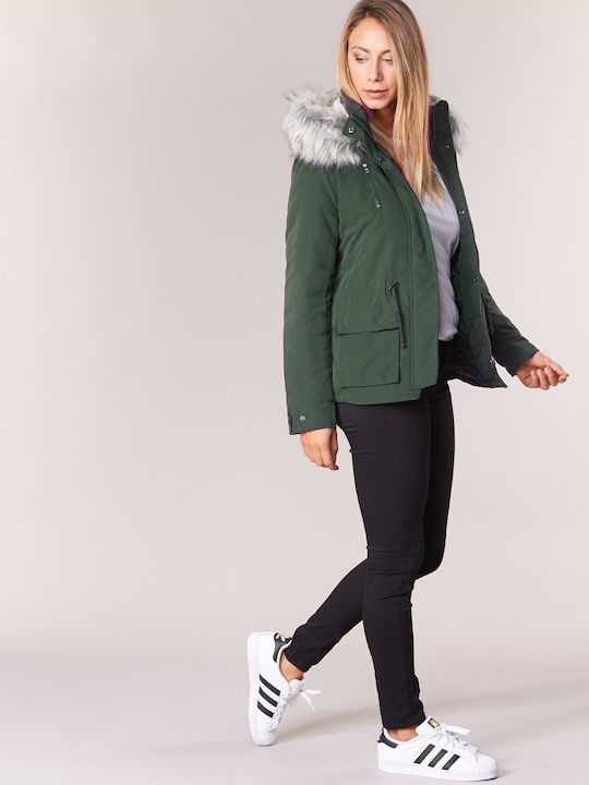 Women's for Hiking Short Parka Jacket for Winter with Detachable Hood Khaki