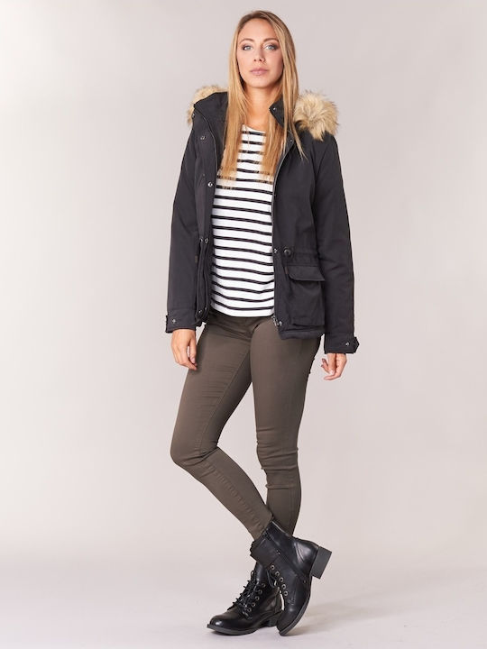 Women's Short Parka Jacket for Winter with Detachable Hood Black
