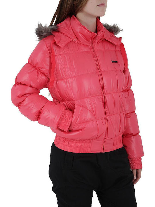 Kurz Damen Puffer Jacke mit pelziger Kapuze für Winter Fuchsie