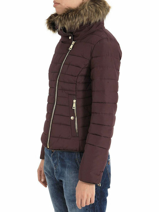 Biston Kurz Damen Puffer Jacke mit pelziger Kapuze für Winter Burgundisch