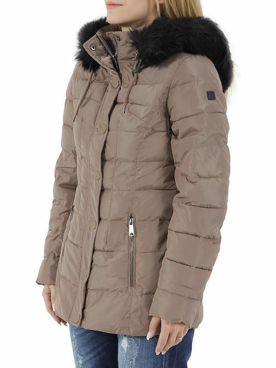 Biston Women's Short Puffer Jacket for Winter with Detachable Hood Beige