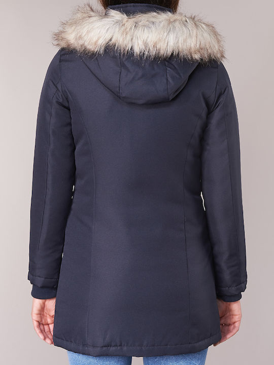 Only Lang Damen Parka Jacke mit pelziger Kapuze für Winter Marineblau