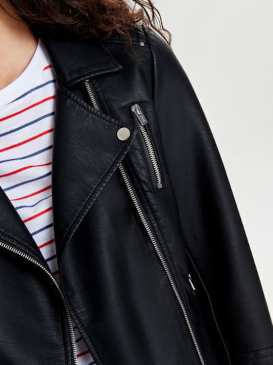 Women's Short Biker Artificial Leather Jacket for Winter Black