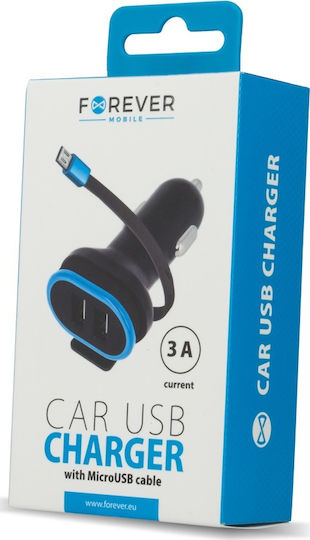 Forever Car Charger Black CC-02 Total Intensity 3A with Ports: 2xUSB with Cable Micro-USB