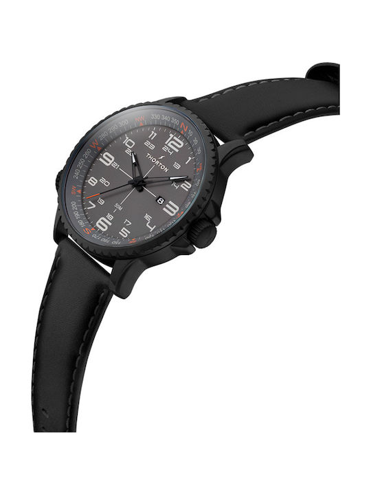 Thorton Kalf Ανδρικό Ρολόι 47mm Μπαταρίας με Μαύρο Δερμάτινο Λουράκι