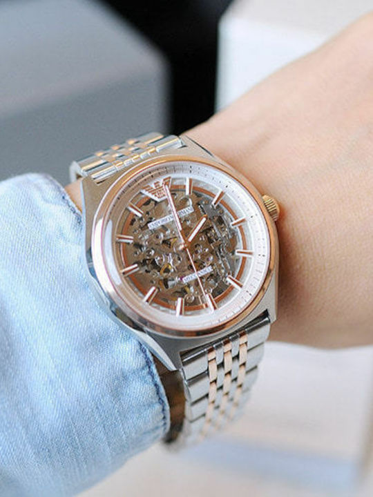 Emporio Armani Meccanico Ανδρικό Ρολόι 43mm Αυτόματο με Ασημί Ατσάλινο Μπρασελέ