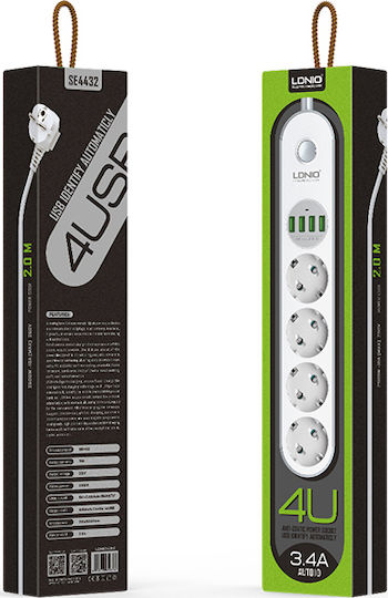 Ldnio Power Strip with Surge Protection 4 Positions with 4 USB-A, Switch and Cable 2m