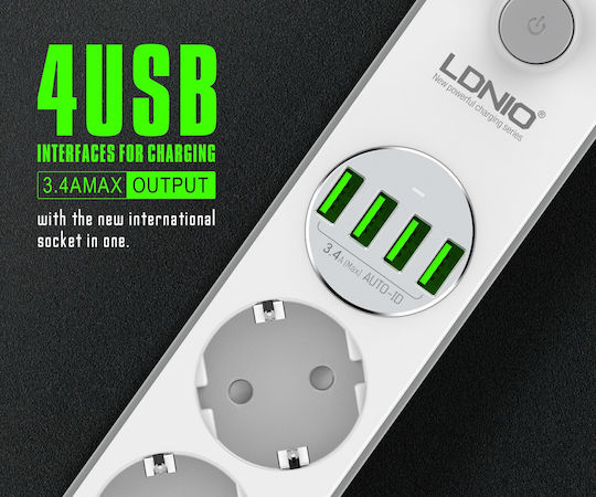 Ldnio Power Strip with Surge Protection 4 Positions with 4 USB-A, Switch and Cable 2m