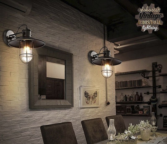 GloboStar Vinty Industrial Wall Lamp with E27 Lamp Bulb Base Black 27x33x33cm