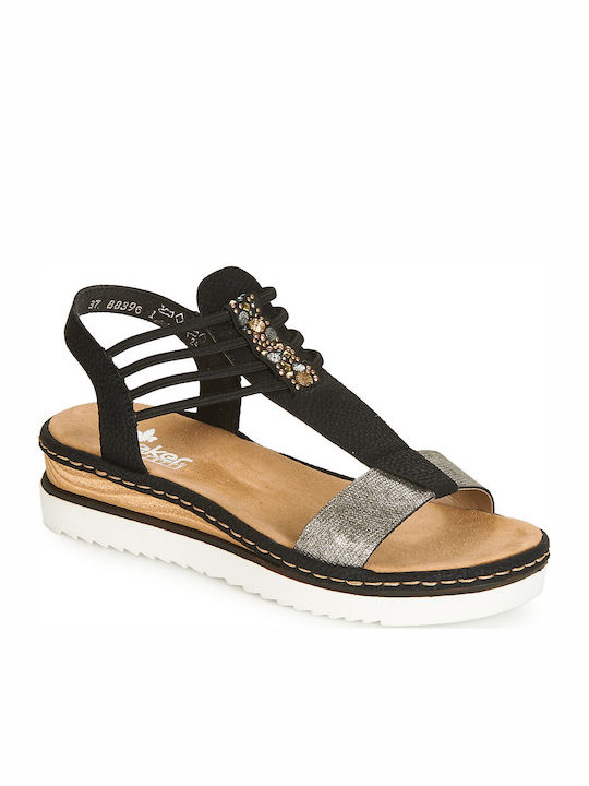 Rieker Leather Women's Flat Sandals in Black Color