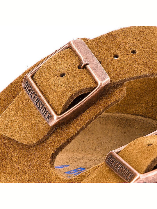 Arizona Soft Footbed Suede Leather Women's Flat Sandals Anatomic in Tabac Brown Color Narrow Fit