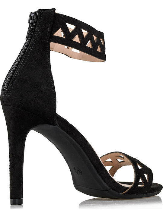 Suede Women's Sandals with Thin High Heel In Black Colour