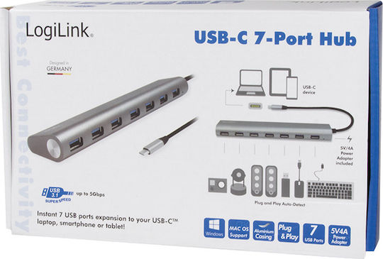 LogiLink USB 3.1 Hub 7 Porturi cu conexiune USB-C Argintiu