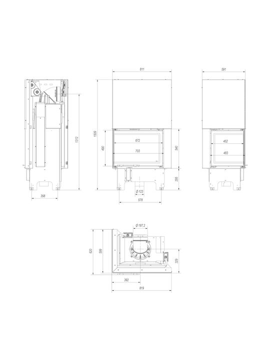 Kratki VNL 700 480 Ενεργειακό Τζάκι Ξύλου 12kW Αριστερή Γωνία με Συρόμενη Πόρτα