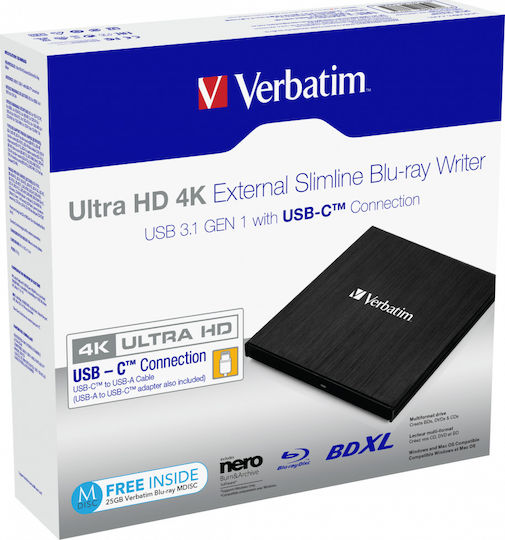 Verbatim External Slimline External Blu-Ray/DVD/CD Recorder for Desktop / Laptop Black