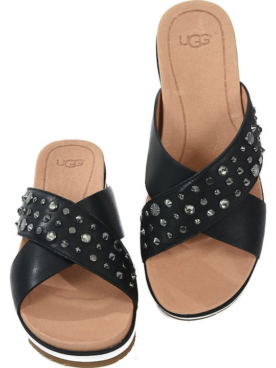Studded Bling Δερμάτινα Γυναικεία Ανατομικά Σανδάλια Flatforms Μαύρα