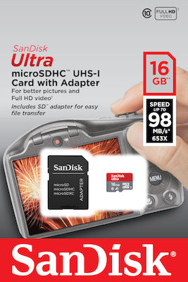 Sandisk Ultra microSDHC 16GB Klasse 10 U1 A1 UHS-I mit Adapter