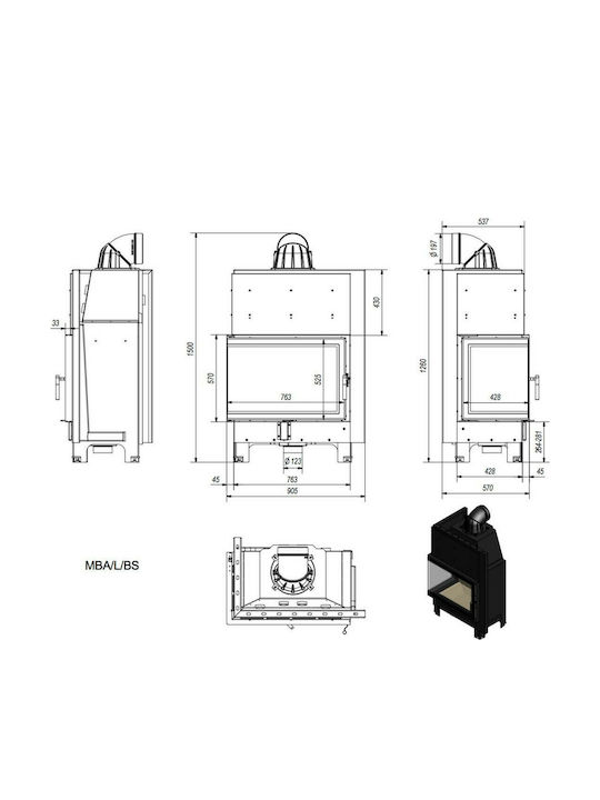 Kratki MBA L BS Kaminofen Holz 17kW Linke Ecke mit einer zu öffnenden Tür
