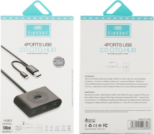 Earldom ET-HUB03 USB-Hub mit 4 Anschlüssen USB 2.0 mit USB-A Anschluss