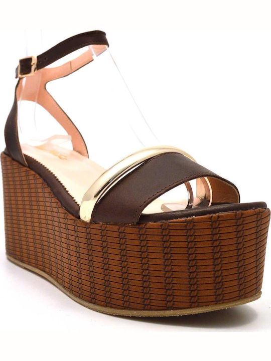 920 Women's Leather Ankle Strap Platforms Brown