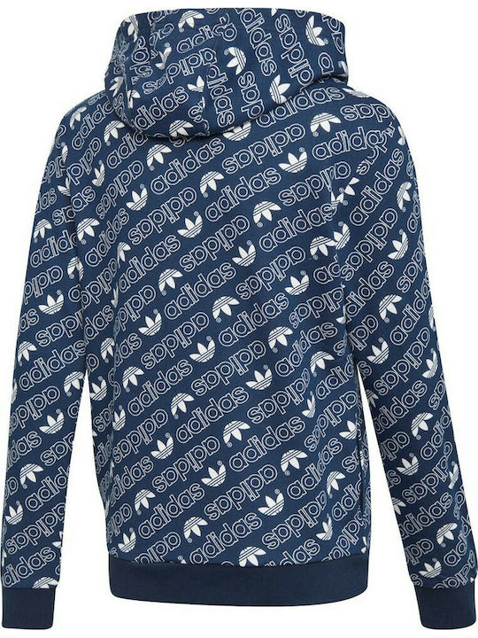 Adidas Boys Athleisure Hooded Sweatshirt Trefoil Monogram with Zipper Navy Blue