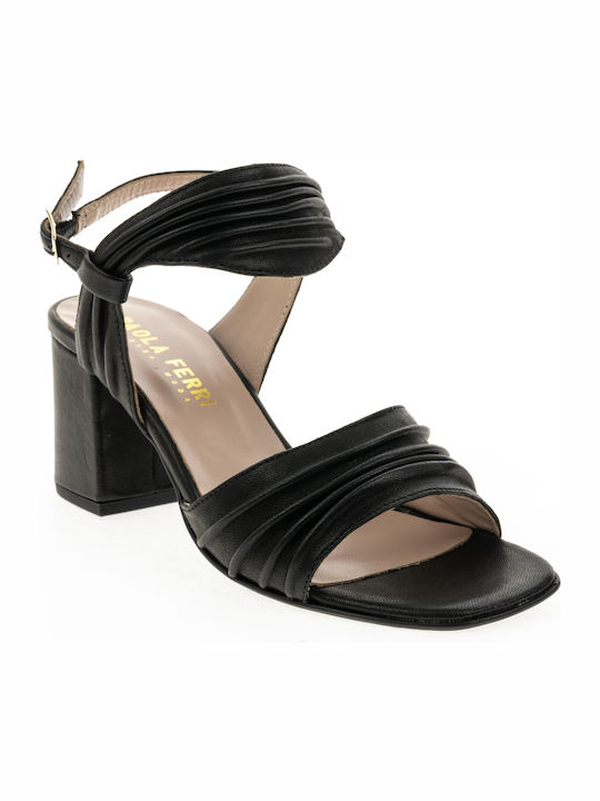 Paola Ferri Leather Women's Sandals Black with Chunky Medium Heel