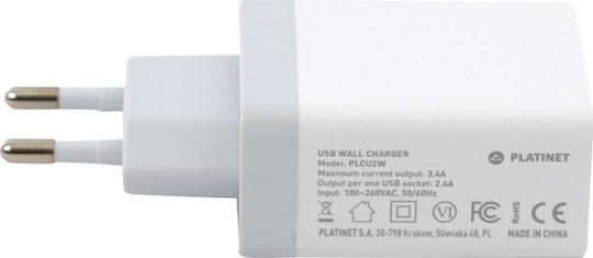 Platinet Φορτιστής με 2 Θύρες USB-A και Καλώδιο micro USB Λευκός (PLCU2W)