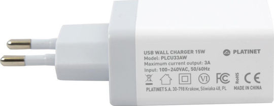 Platinet Φορτιστής Χωρίς Καλώδιο με 3 Θύρες USB-A 15W Λευκός (PLCU33AW)