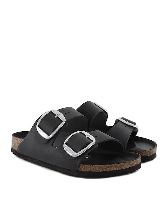Arizona Big Buckle Oiled Leather Leather Women's Flat Sandals Anatomic in Black Color Narrow Fit