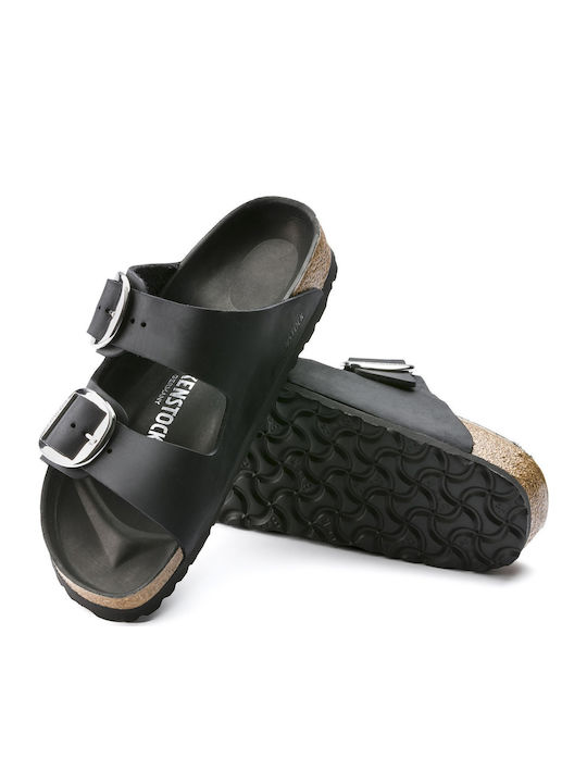 Arizona Big Buckle Oiled Leather Leather Women's Flat Sandals Anatomic in Black Color Narrow Fit