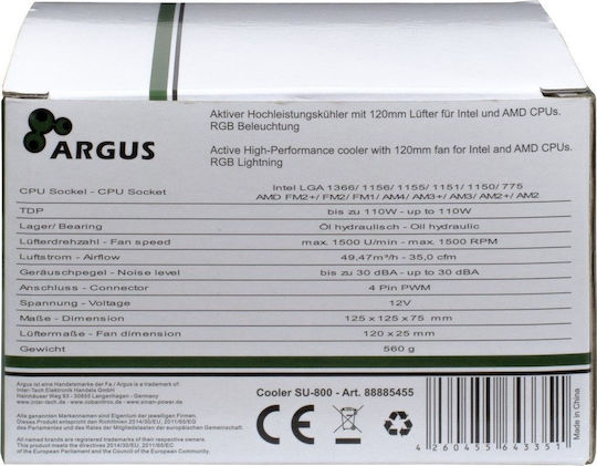 Inter-Tech Argus SU-800 Ψύκτρα Επεξεργαστή για Socket AM4/115x/AM3/AM3+ με RGB Φωτισμό