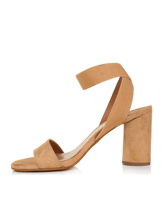 Sante Suede Women's Sandals with Ankle Strap Beige with Chunky High Heel