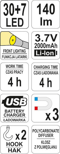 Yato Презареждащ се Челник LED IP20 с Максимална Яркост 140лм Черен