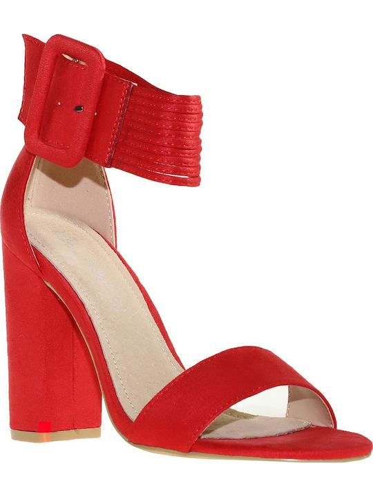 Envie Shoes Suede Γυναικεία Πέδιλα με Χοντρό Ψηλό Τακούνι σε Κόκκινο Χρώμα