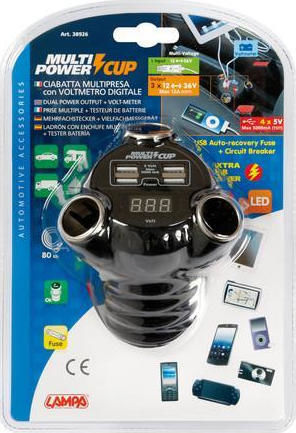 Lampa Power Cup Φορτιστής Αυτοκινήτου 180W 5A με Θύρες: 4xUSB 3xΑναπτήρα και Βολτόμετρο Πολύχρωμος