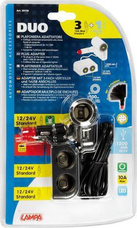 Lampa Φορτιστής Αυτοκινήτου 10A με Θύρες: 1xUSB 3xΑναπτήρα μαζί με Καλώδιο Ενσωματωμένο
