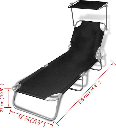vidaXL Foldable Steel Beach Sunbed Black with Shader 189x58x27cm