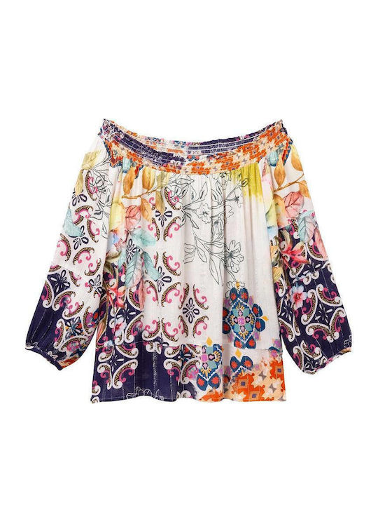 Desigual Hidra Damen Sommer Bluse Schulterfrei Langärmelig Blumen Weiß