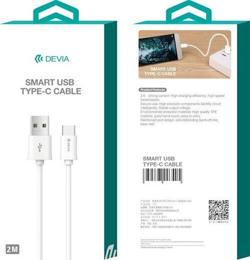Devia Cablu USB 2.0 USB-C Masculin - USB-A Alb 2m DVCB-312038