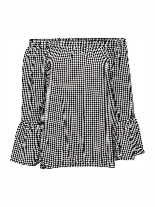 Women's Blouse Off-Shoulder Long Sleeve Checked White/black