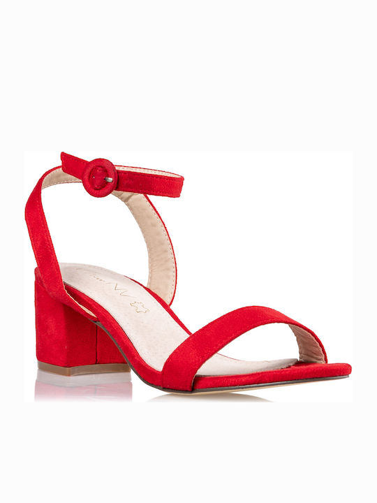 Envie Shoes Suede Women's Sandals with Chunky Medium Heel In Red Colour