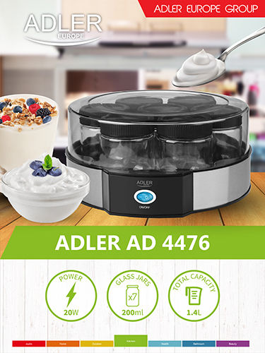 Adler Yogurt Maker with Jars 1.4lt Silver 20W