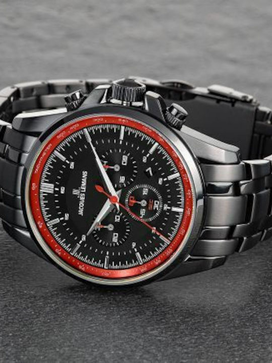 Jacques Lemans Liverpool Ανδρικό Ρολόι 44mm Χρονογράφος Μπαταρίας με Μαύρο Μεταλλικό Μπρασελέ